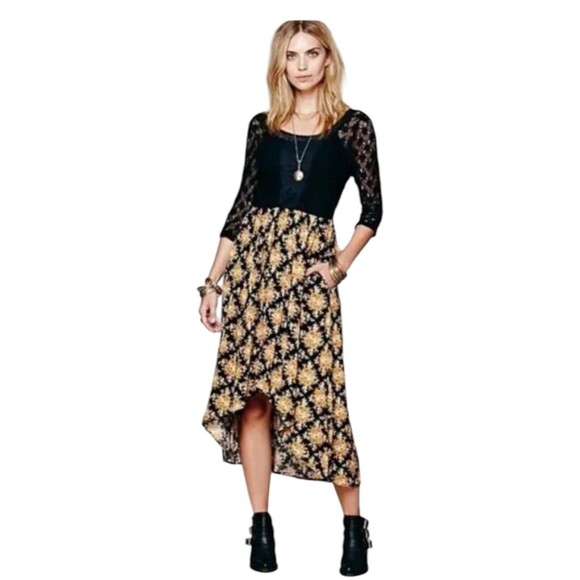 Free People Women's 4 Lonesome Dove Dress in Black Combo Hi Low Crochet - Picture 1 of 11